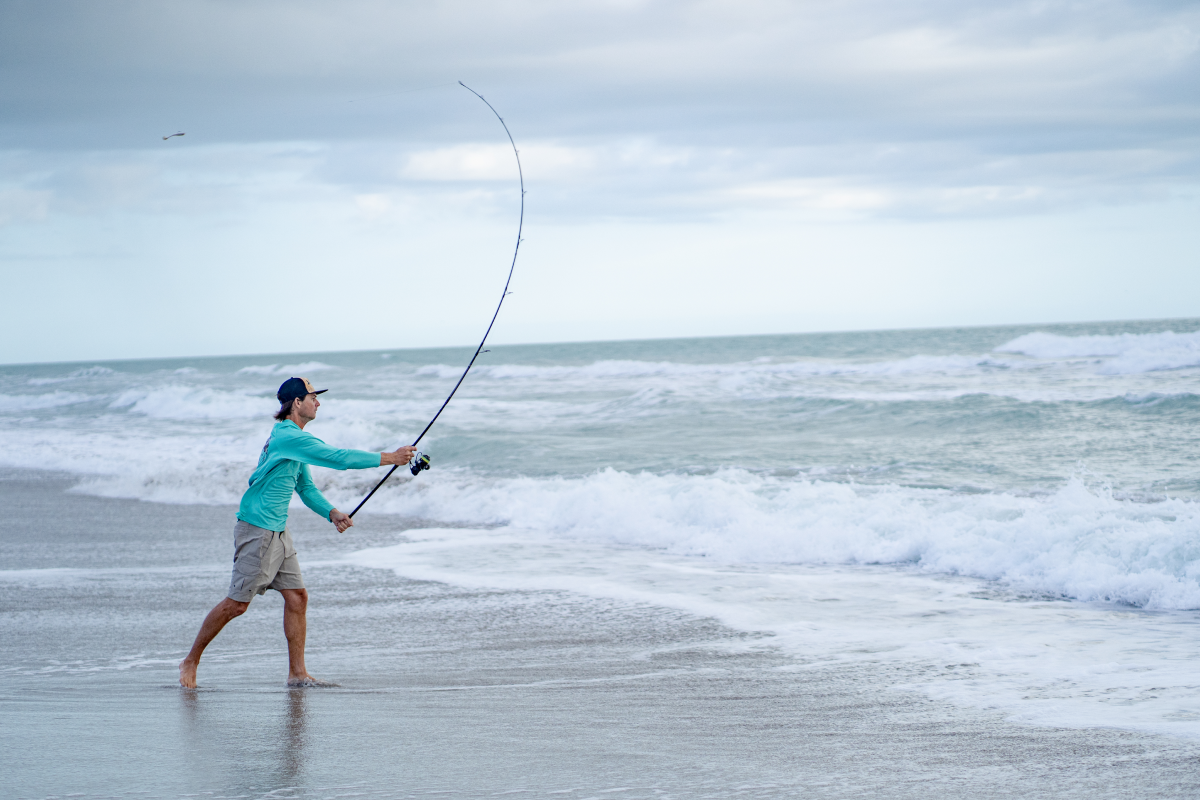 Person fishing on a beach with waves and cloudy sky